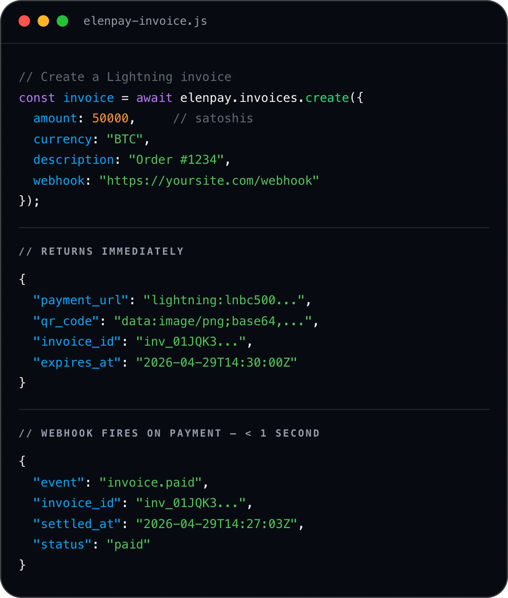 ElenPAY API code example - Lightning invoice creation
